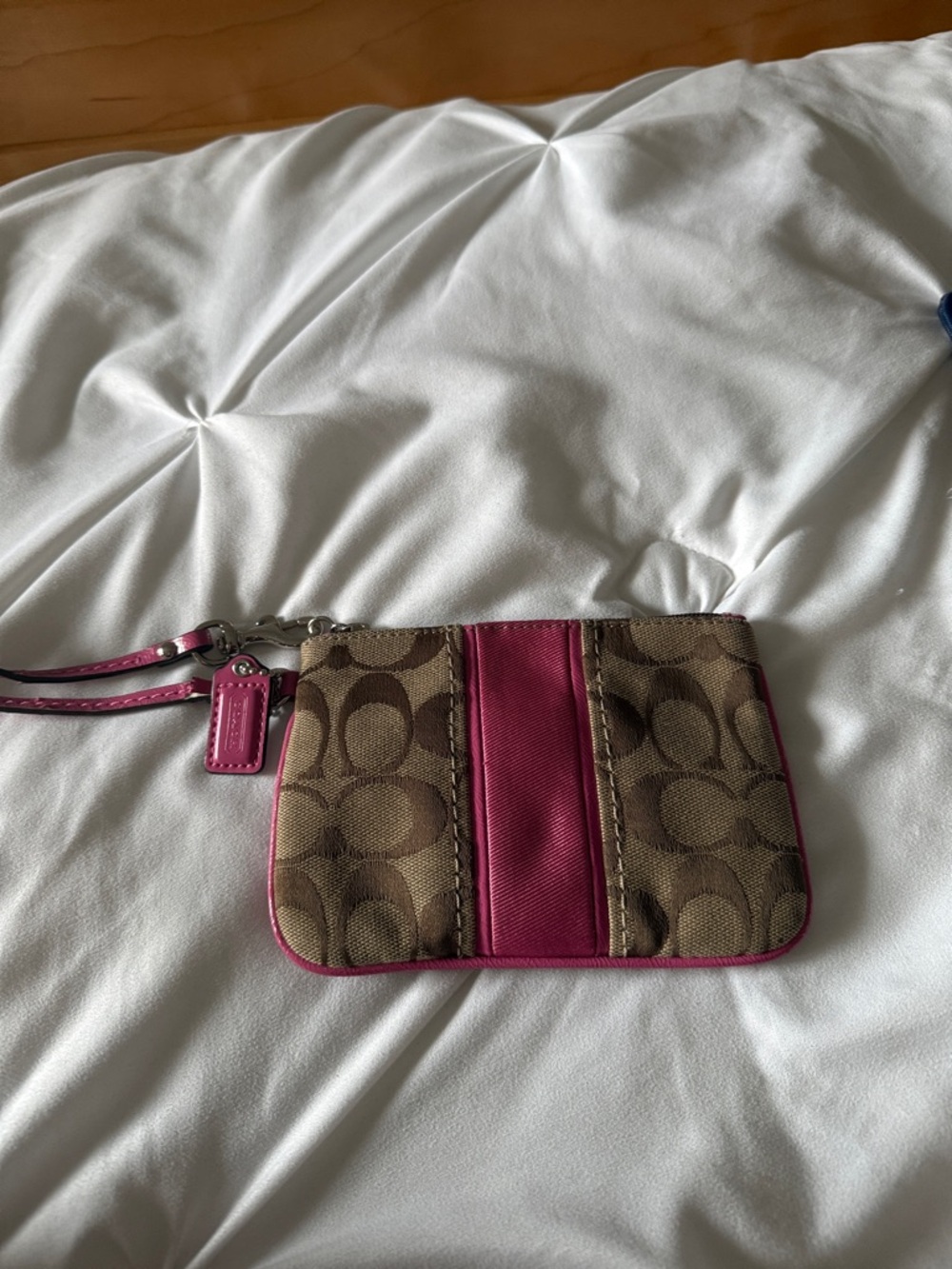 Coach Brown Signature Canvas Wristlet with Pink Trim